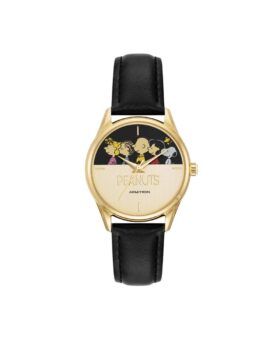 Gold-toned Peanuts watch with a black leather strap and character print dial, front product view
