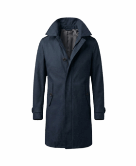 Navy wool storm coat with a stand collar, flap pockets and tab cuffs, shown on an invisible form
