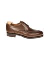 Brown leather split-toe derby shoe with a leather sole, side product view