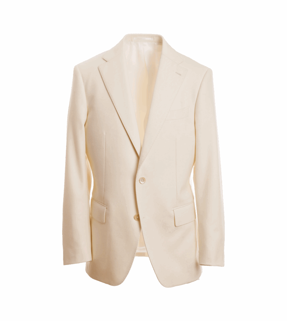 Ivory flannel sport coat with notch lapels and flap pockets, shown on an invisible form
