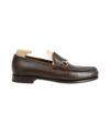 Brown leather horsebit loafer with a moccasin toe and gold bit, side product view