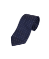 Navy silk necktie with small white dots, rolled flat lay