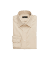 Beige cotton dress shirt with spread collar and barrel cuffs, folded flat lay