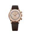 Rose gold chronograph watch with cream dial and brown grained leather strap, flat lay