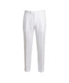 White linen pleated trousers with cuffed hems and extended waistband tab, flat lay