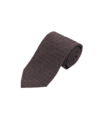 Brown silk necktie with navy diamond medallion pattern, rolled flat lay