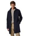 Navy single-breasted car coat with spread collar, over a grey crewneck sweater and tan trousers, worn by a model