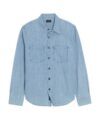 Light blue washed denim engineer shirt with two chest pockets and navy buttons, flat lay